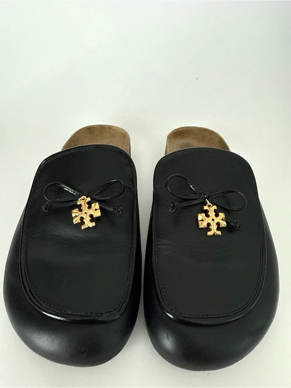 EUC Tory Burch Charm Mules Flat Slip-on Black Genuine Leather Natural Cork